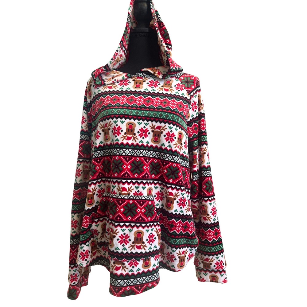 No Boundaries Womens XXXL Christmas Reindeer Fair Isle Fleece Hoodie Red Green